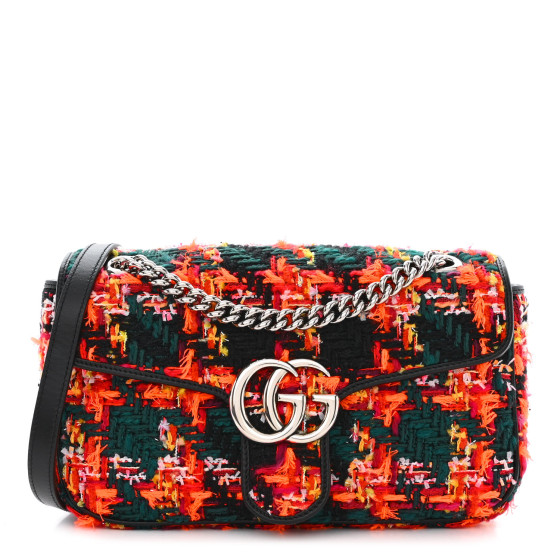 GUCCI Tweed Check Poule Calfskin Small GG Marmont Shoulder