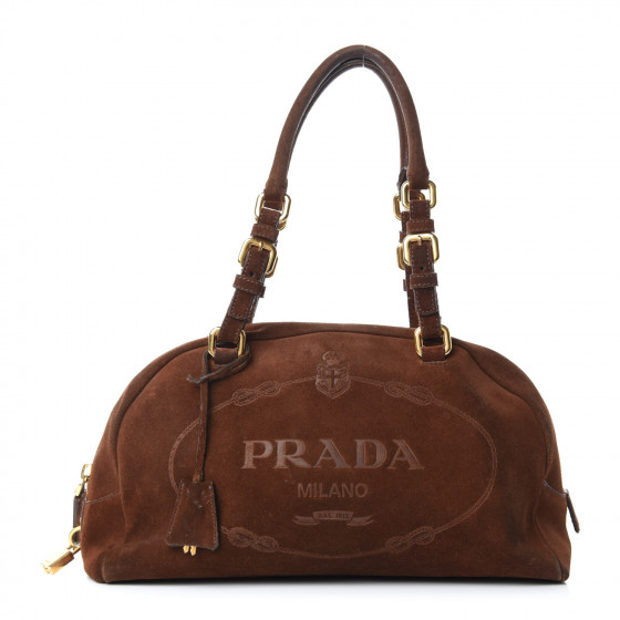 PRADA セール★ SGB965 PRADA Suede Scamosciato Logo Bowler Sigaro 735980 | FASHIONPHILE