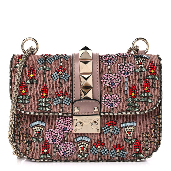 VALENTINO GARAVANI Vitello Beaded Small Glam Lock Rockstud Flap Poudre