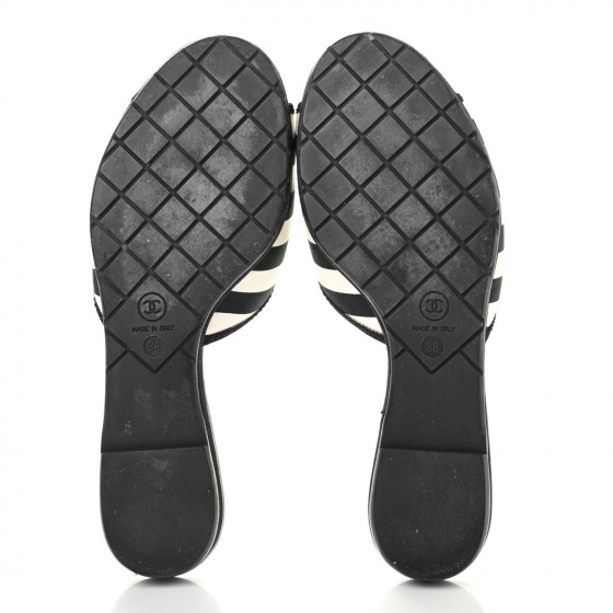 Chanel Striped CC Mules 38 Black White 913260 | FASHIONPHILE