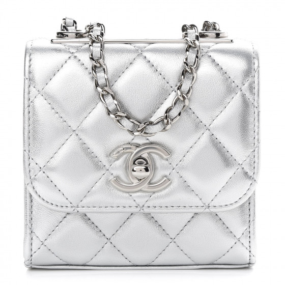 CHANEL Metallic Lambskin Quilted Mini Trendy CC Clutch With Chain Silver