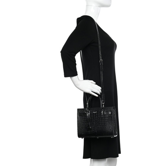 SAINT LAURENT Calfskin Crocodile Embossed Nano Sac De Jour Black