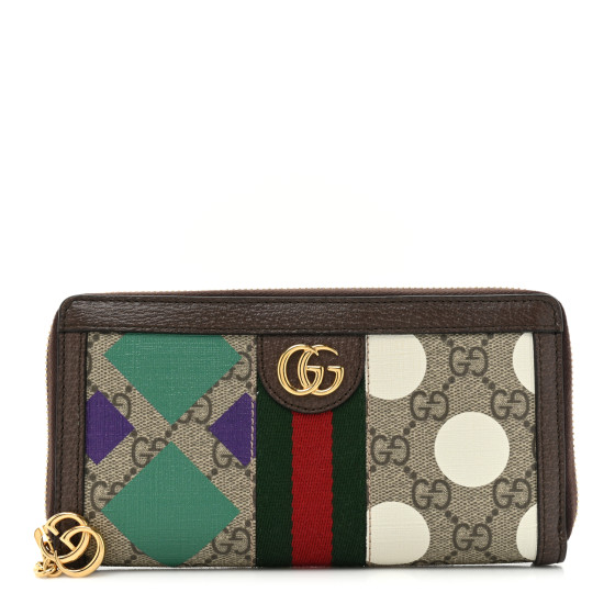 GUCCI GG Supreme Monogram Web Geometric Ophidia Zip Around Wallet Beige Multicolor Brown Sugar