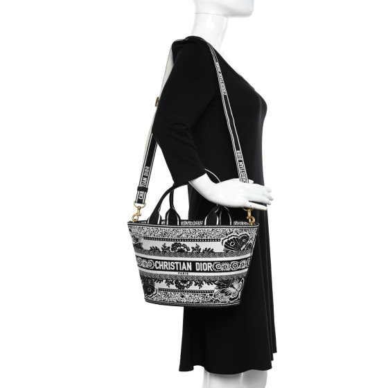 CHRISTIAN DIOR Canvas Embroidered Butterfly Bandana Print Hat Basket Bag Black White