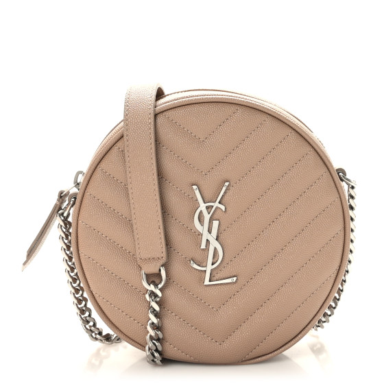 SAINT LAURENT Grain De Poudre Matelasse Chevron Quilted Round Vinyle Camera Bag Dark Beige