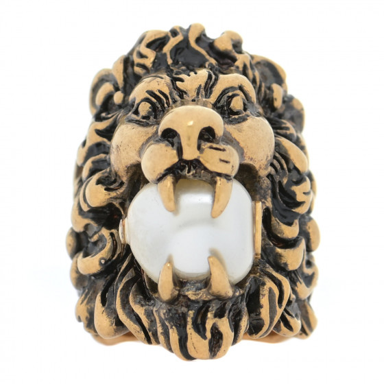 GUCCI Metal Glass Pearl Lion Head Ring 49 5 Aged Gold 897801