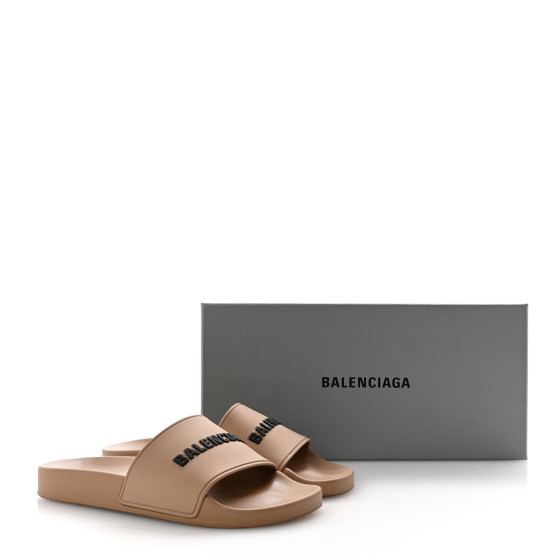 BALENCIAGA Rubber Womens Logo Pool Slide Sandals 37 Beige