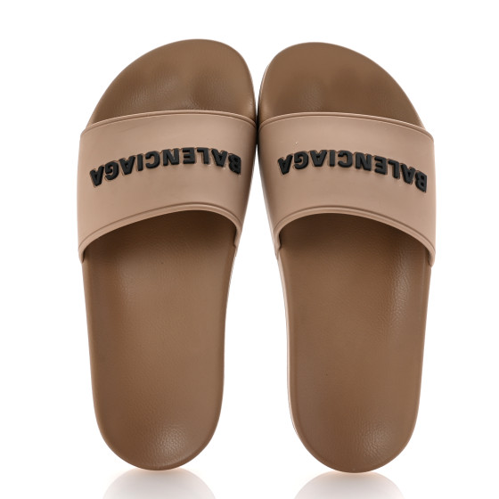 BALENCIAGA Rubber Womens Logo Pool Slide Sandals 37 Beige
