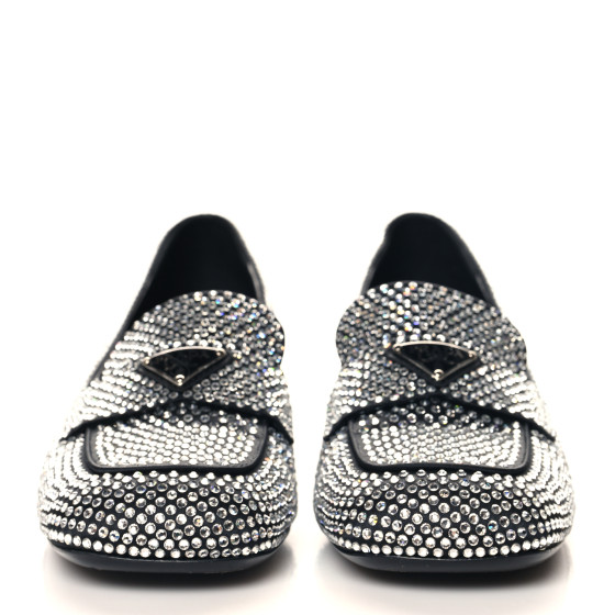 PRADA Satin Crystal Metal Triangle Logo 45mm Block Heel