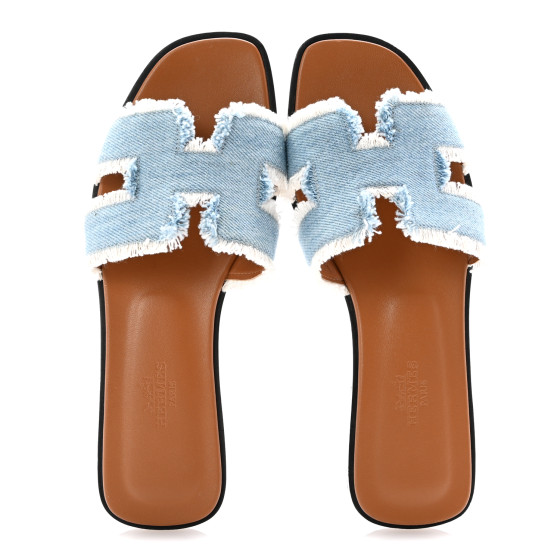 HERMES Denim Oran Fringe Sandals 36 Bleu Clair 1654774