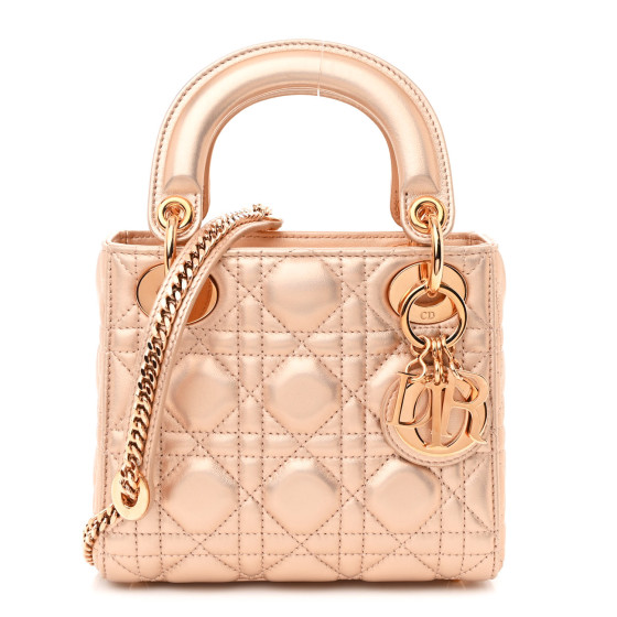 CHRISTIAN DIOR Metallic Lambskin Cannage Mini Lady Dior Gold