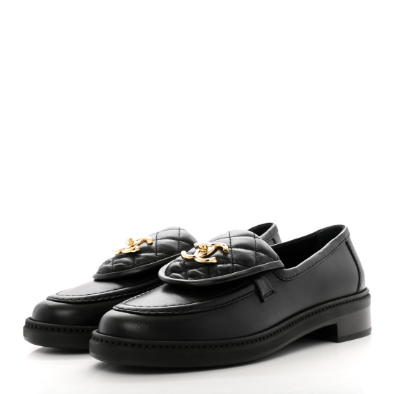 CHANEL Lambskin Quilted CC Turnlock Loafers 37.5 Black
