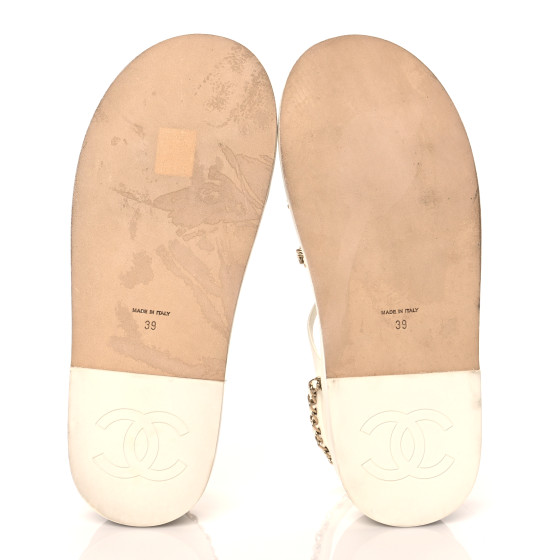 CHANEL Calfskin Chain Platform Sandals 39 White 1055734