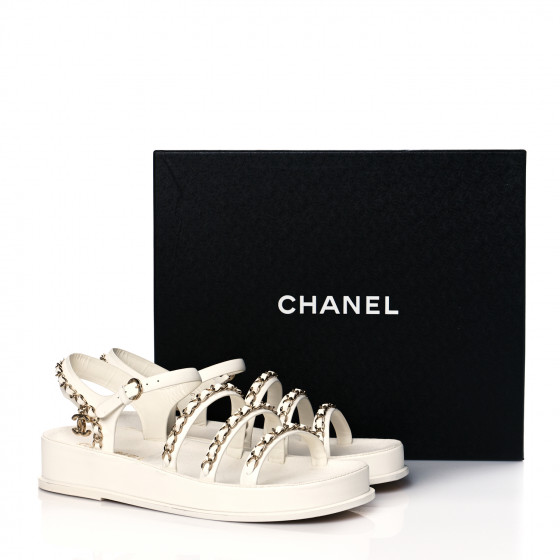 CHANEL Calfskin Chain Platform Sandals 39 White 1055734