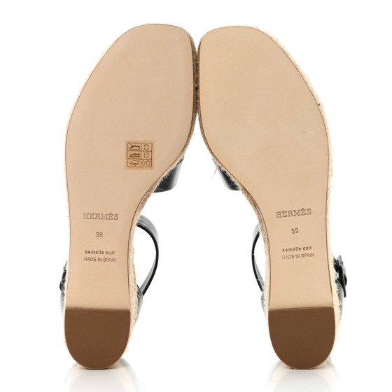 HERMES Goatskin Elda Espadrille Wedge Sandals 39 Black