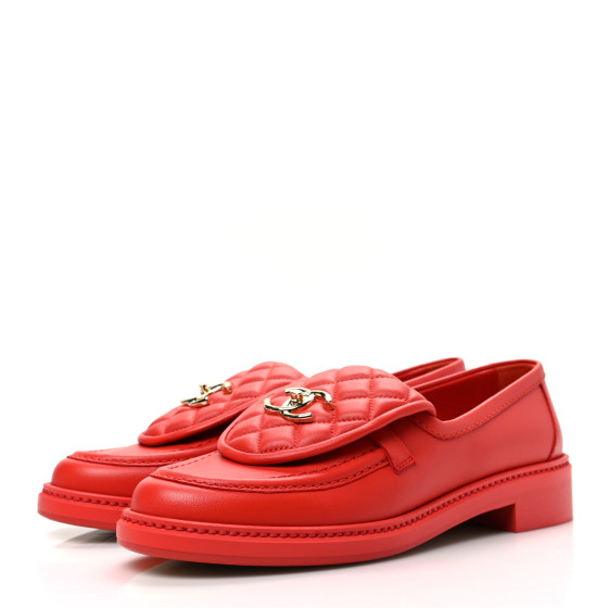 CHANEL Lambskin Quilted CC Turnlock Loafers 39 Red 1246945