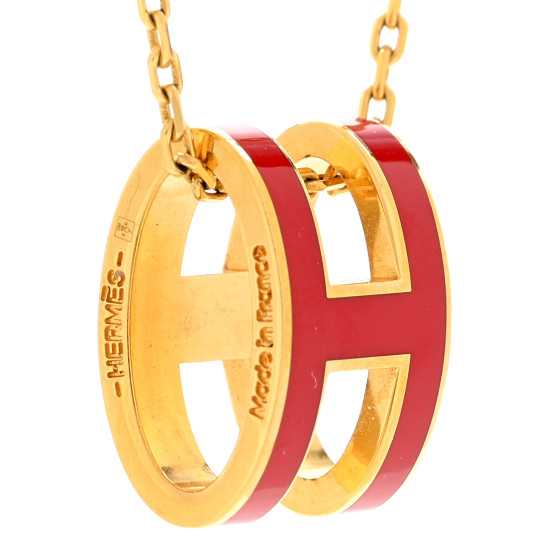 HERMES Lacquered Gold Pop H Pendant Necklace Rouge Vif