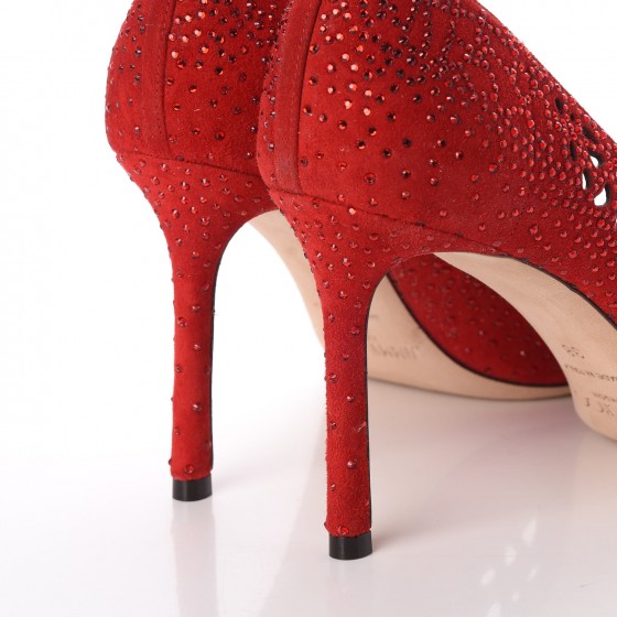 JIMMY CHOO Suede Crystal Perforated Romy 100 Pumps 38 Red