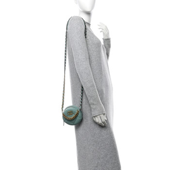 CHANEL Goatskin Quilted Chanel 19 Round Clutch With Chain Light Blue