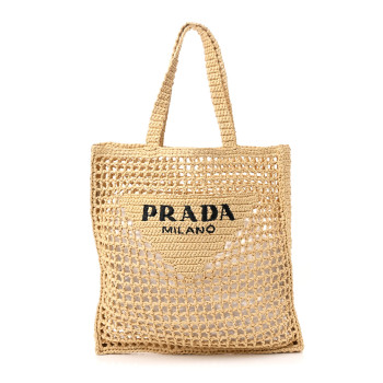 PRADA Yarn Raffia Effect Crochet Logo Embroidered Tote Bag Naturale