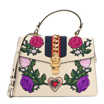 GUCCI Calfskin Embroidered Medium Sylvie Top Handle Bag White