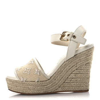 LOUIS VUITTON Canvas Monogram Starboard Espadrille Wedge Sandals 37.5 Beige White