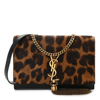 SAINT LAURENT Pony Hair Leopard Print Classic Monogram Kate Tassel Chain Wallet Black
