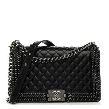 CHANEL Glazed Calfskin Quilted New Medium Boy Chained Flap Black