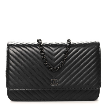 CHANEL Lambskin Chevron Quilted Wallet On Chain WOC So Black