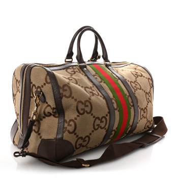 GUCCI Monogram Jumbo GG Textured Dollar Calfskin Web Large Duffle Bag Camel Ebony