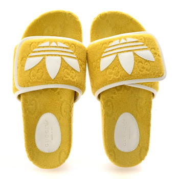 GUCCI X ADIDAS Magic Sponge Terry Cloth Trefoil GG Monogram Womens Platform Sandals 39 Smile Yellow Off White