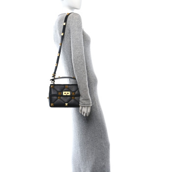 VALENTINO GARAVANI Grained Calfskin Medium Roman Stud Shoulder Bag Black