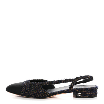 CHANEL Tweed Grosgrain Cap Toe CC Slingback Flats  40 Blue Gold