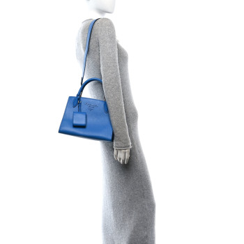 PRADA Saffiano Cuir Calfskin Small Monochrome Top Handle Tote Blue