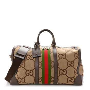 GUCCI Monogram Jumbo GG Textured Dollar Calfskin Web Large Duffle Bag Camel Ebony