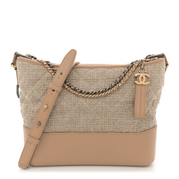 CHANEL Tweed Calfskin Quilted Medium Gabrielle Hobo Beige