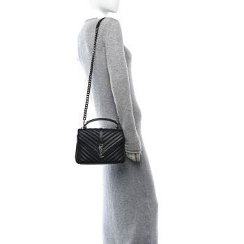 SAINT LAURENT Sheepskin Matelasse Chevron Monogram Medium College Bag Black