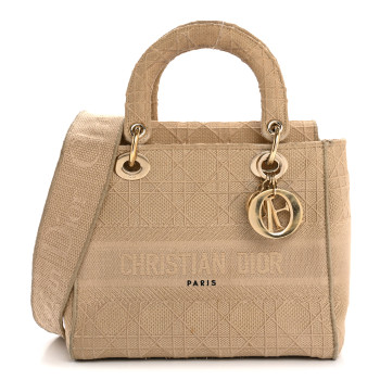CHRISTIAN DIOR Canvas Embroidered Medium Lady D-Lite Beige