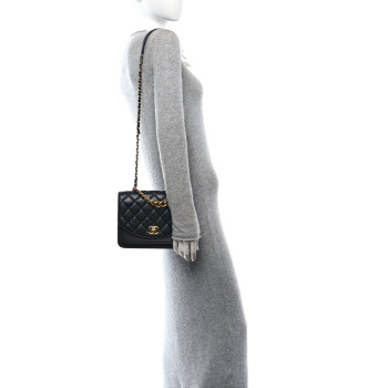 CHANEL Calfskin Caviar Quilted Chain Handle Flap Black