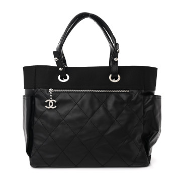 CHANEL Coated Canvas Quilted Large Paris Biarritz Tote Black