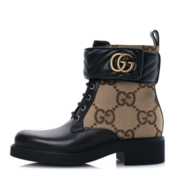 GUCCI Flores Calfskin Monogram Maxi GG Nappa Matelasse Double G 40mm Ankle Boots 37 Black Camel Ebony