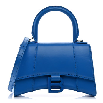 BALENCIAGA Shiny Box Calfskin Tonal B Hourglass Top Handle Bag XS Screen Blue