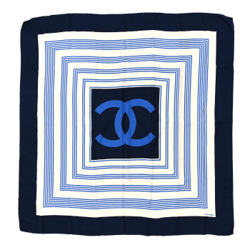CHANEL Silk CC Square Scarf Blue Ecru