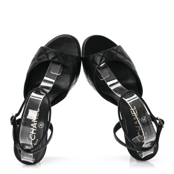 CHANEL Lambskin Patent Quilted Wedge Sandals 37.5 Black