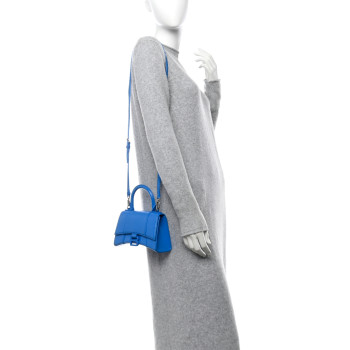 BALENCIAGA Shiny Box Calfskin Tonal B Hourglass Top Handle Bag XS Screen Blue