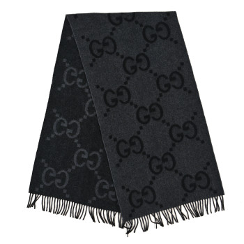 GUCCI Cashmere Monogram Jumbo GG Canvy Fringe Scarf Flanner Black