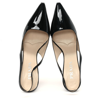 PRADA Vernice Triangle Logo Pointed Toe Slingback Pumps 40 Black