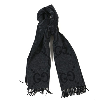 GUCCI Cashmere Monogram Jumbo GG Canvy Fringe Scarf Flanner Black