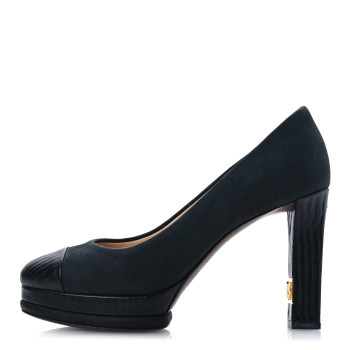 CHANEL Wax Suede Wood Pumps 38 Black Brown
