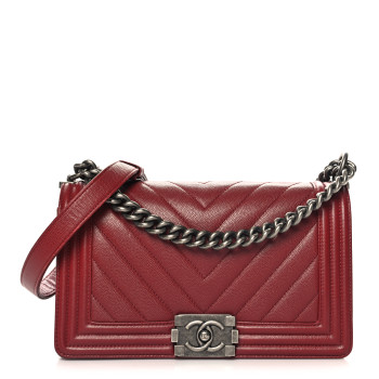 CHANEL Caviar Chevron Quilted Medium Boy Flap Red